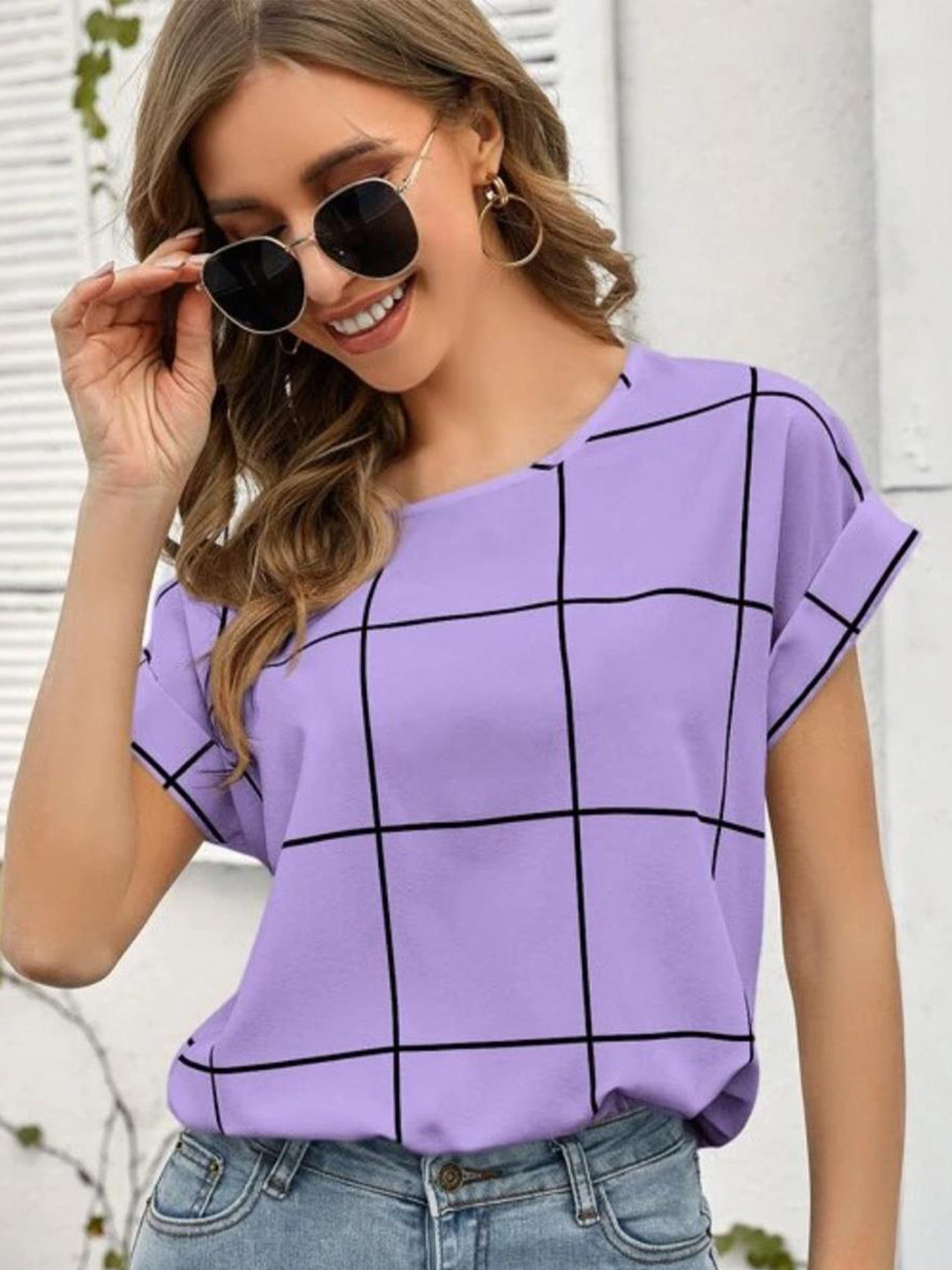 Kotty Purple Checked Extended Sleeves Regular Top