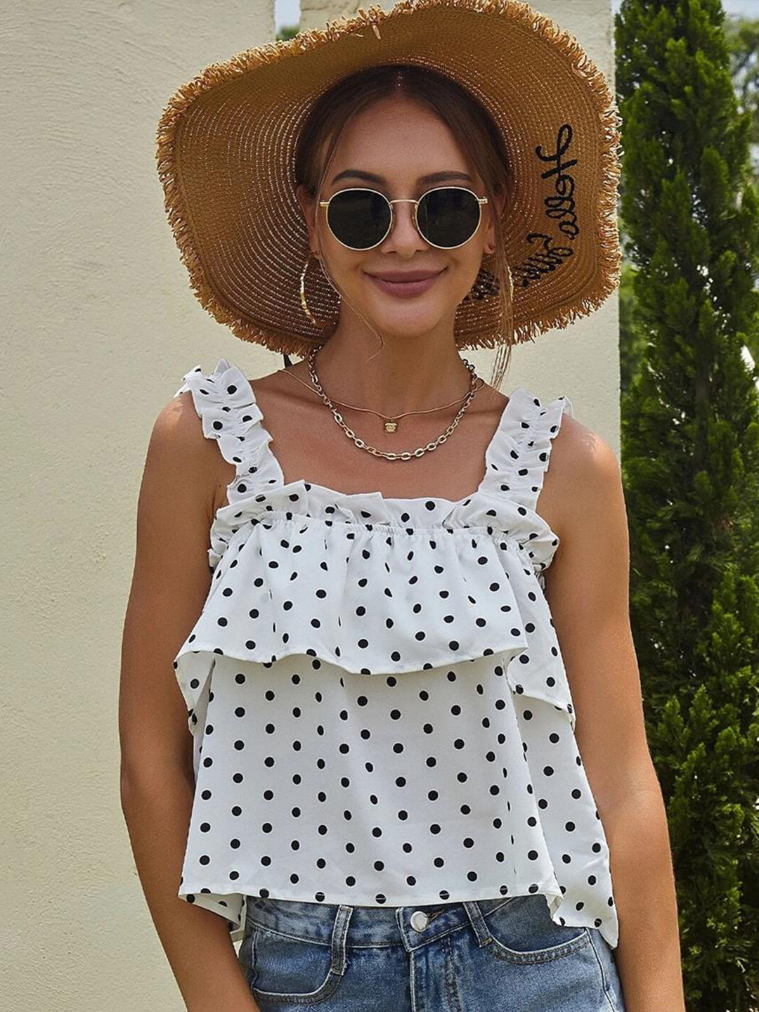 Kotty White & Black Polka Dot Printed Shoulder Strap Ruffled A-Line Crop Top