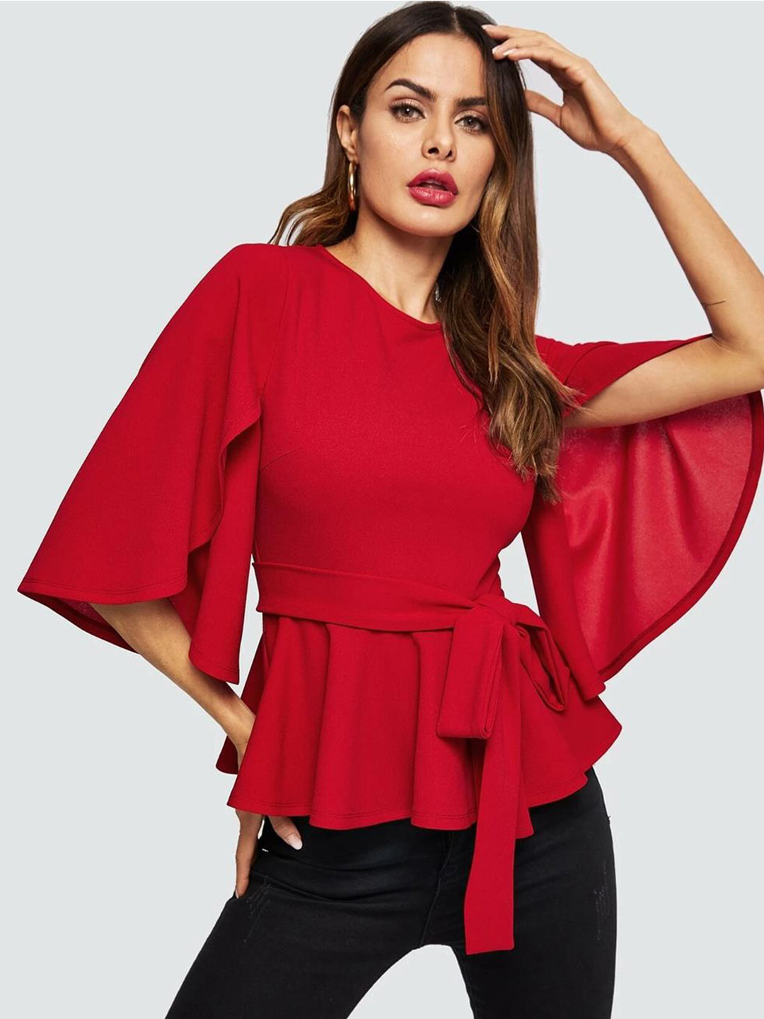 Kotty Red Waist Tie-Up Flared Sleeves Top