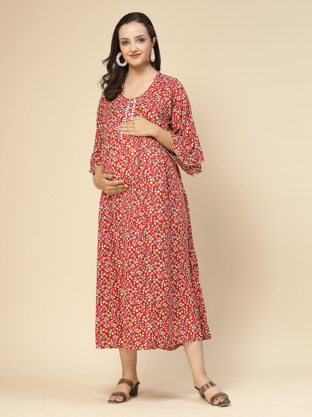 Sweet Dreams Floral Printed Lace Maternity & Feeding Zip Midi Nightdress