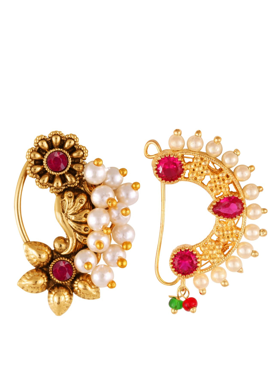 Vighnaharta Set Of 2 Gold-Plated Stone-Studded & Beaded Nose Ring
