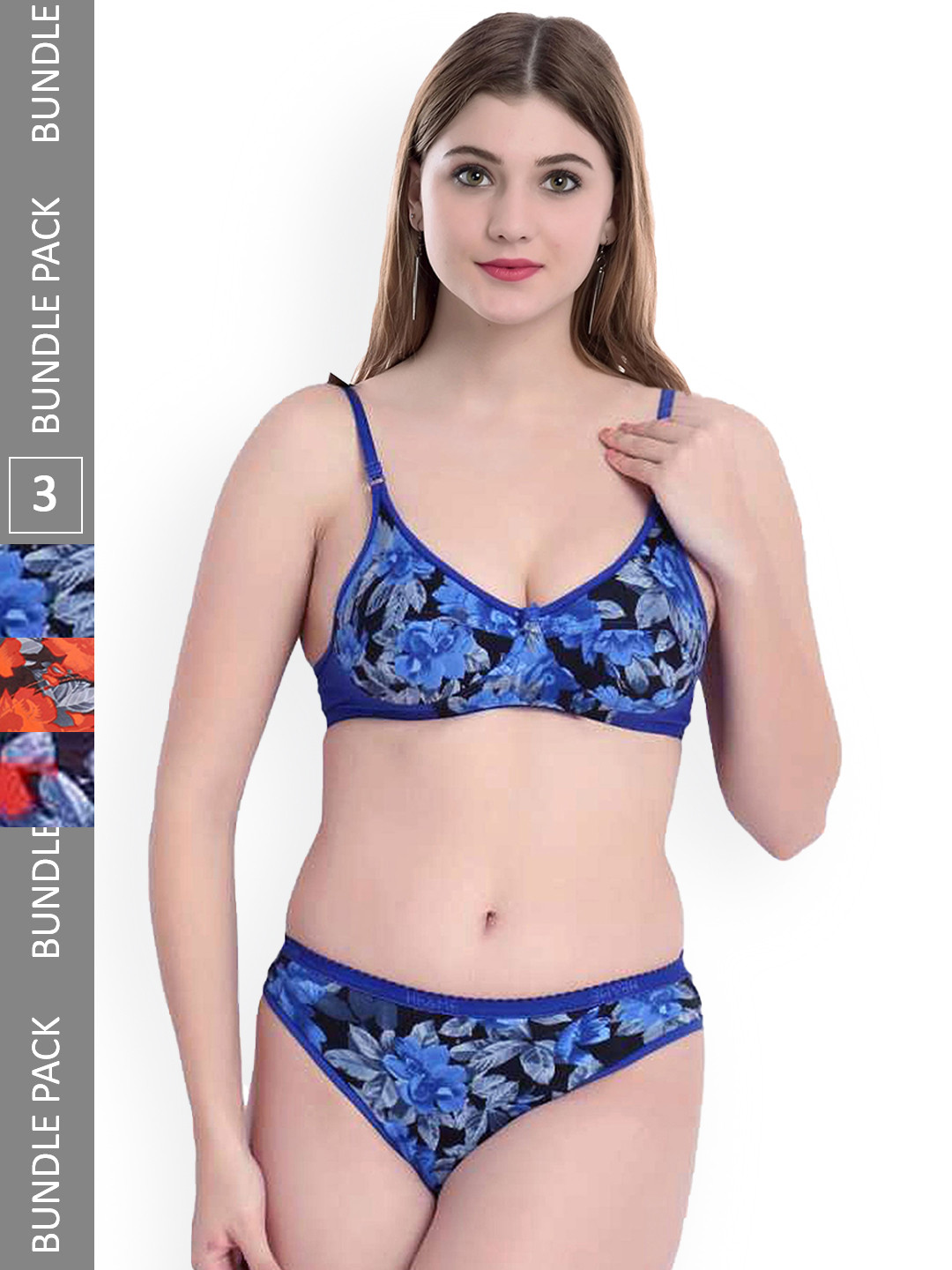 AROUSY Pack Of 2 Printed Cotton Lingerie Set AS_Sunflower S_Blue,Red_30