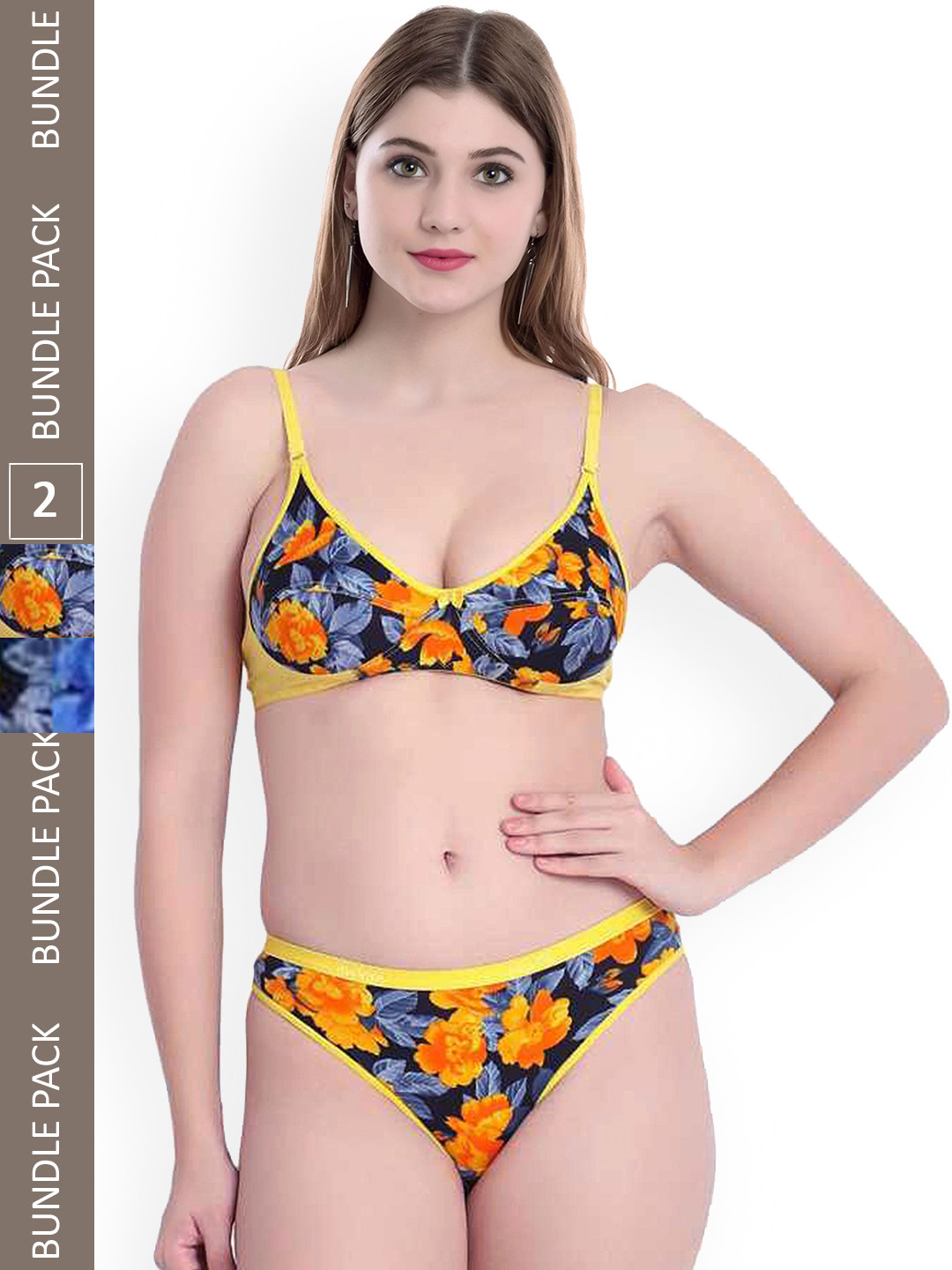 AROUSY Set Of 2 Printed Cotton Lingerie Set AS_Sunflower S_Blue,Yellow_30