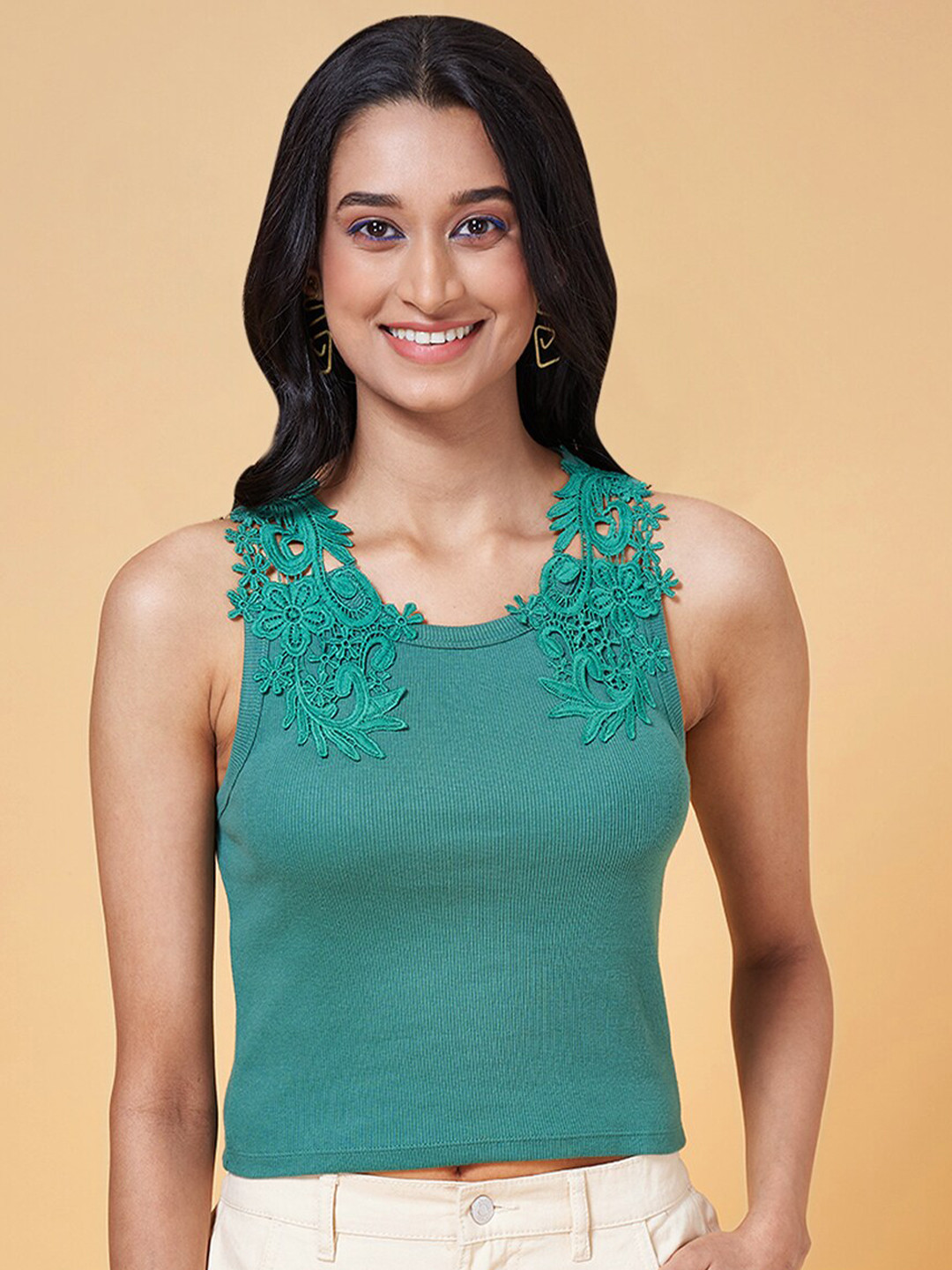 People Green Floral Lace Sleeveless Cotton Crop Top