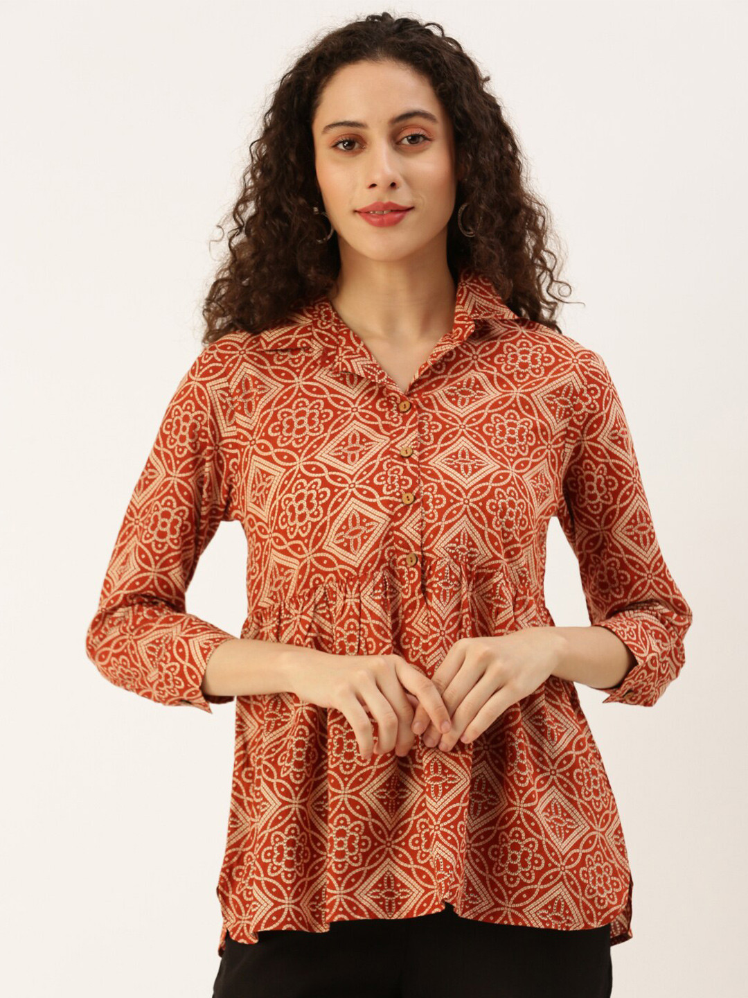 De Moza Ethnic Motifs Printed Shirt Collar Pure Cotton Empire Top