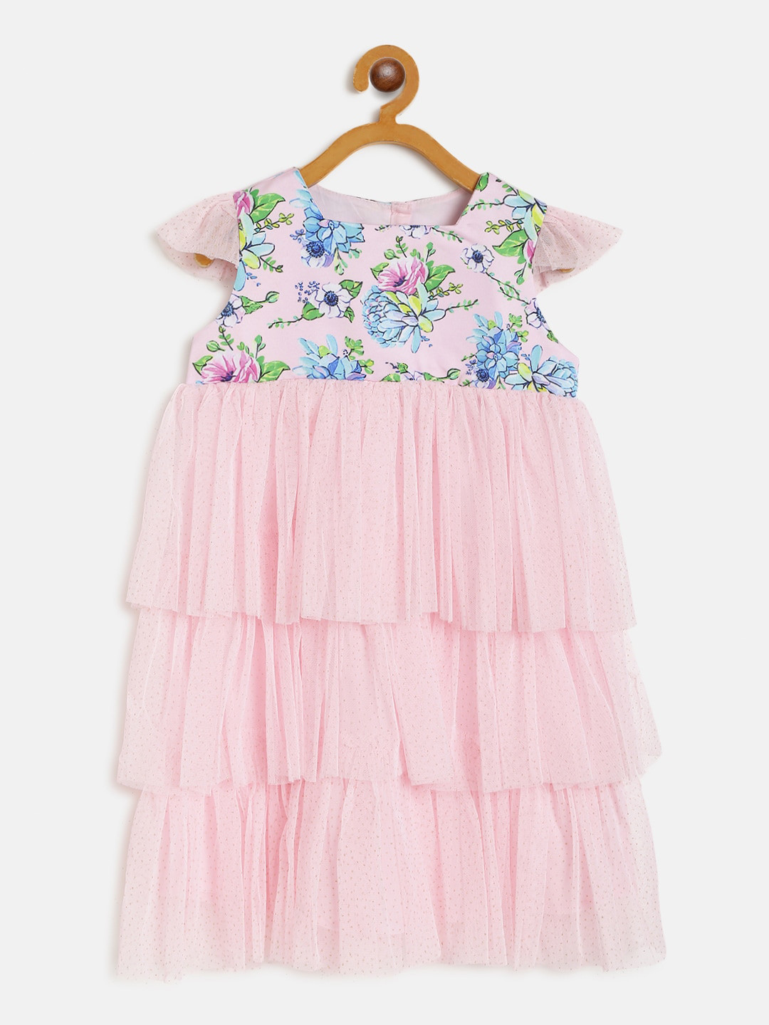 KidsDew Girls Floral Printed Cap Sleeves Layered Net Empire Dress