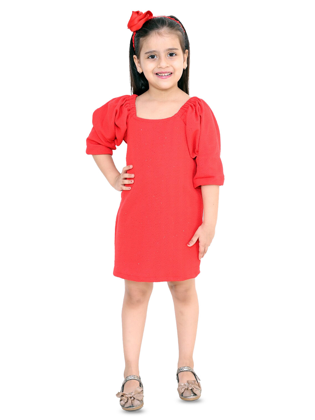 KidsDew Self Designed Square Neck Ruched Sleeves A-Line Dress