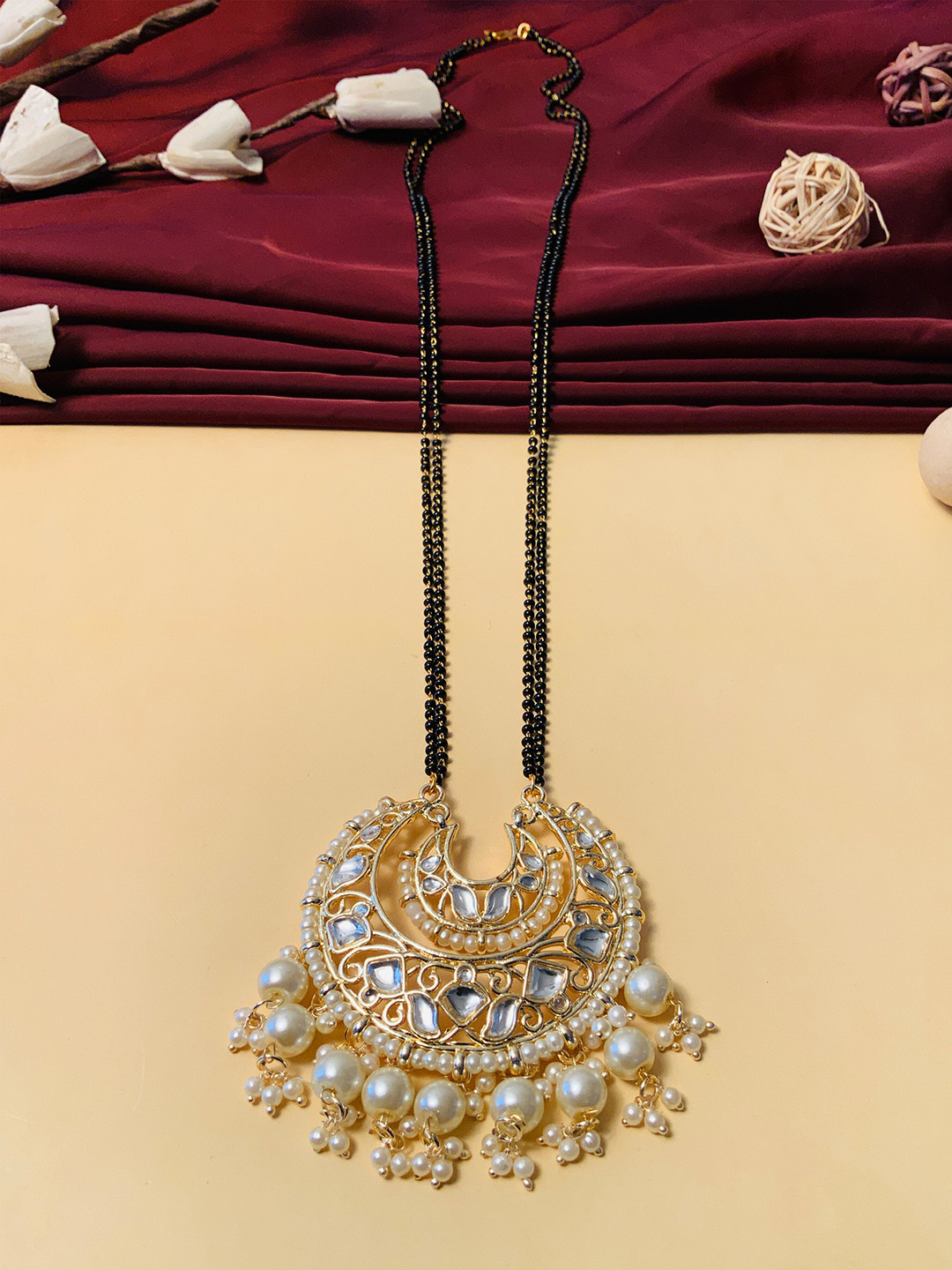 ABDESIGNS Gold-Plated Kundan Studded & Peral Beaded Long Mangalsutra