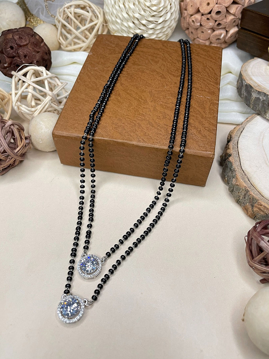 ABDESIGNS Silver-Plated America Diamond Studded & Beaded Mangalsutra