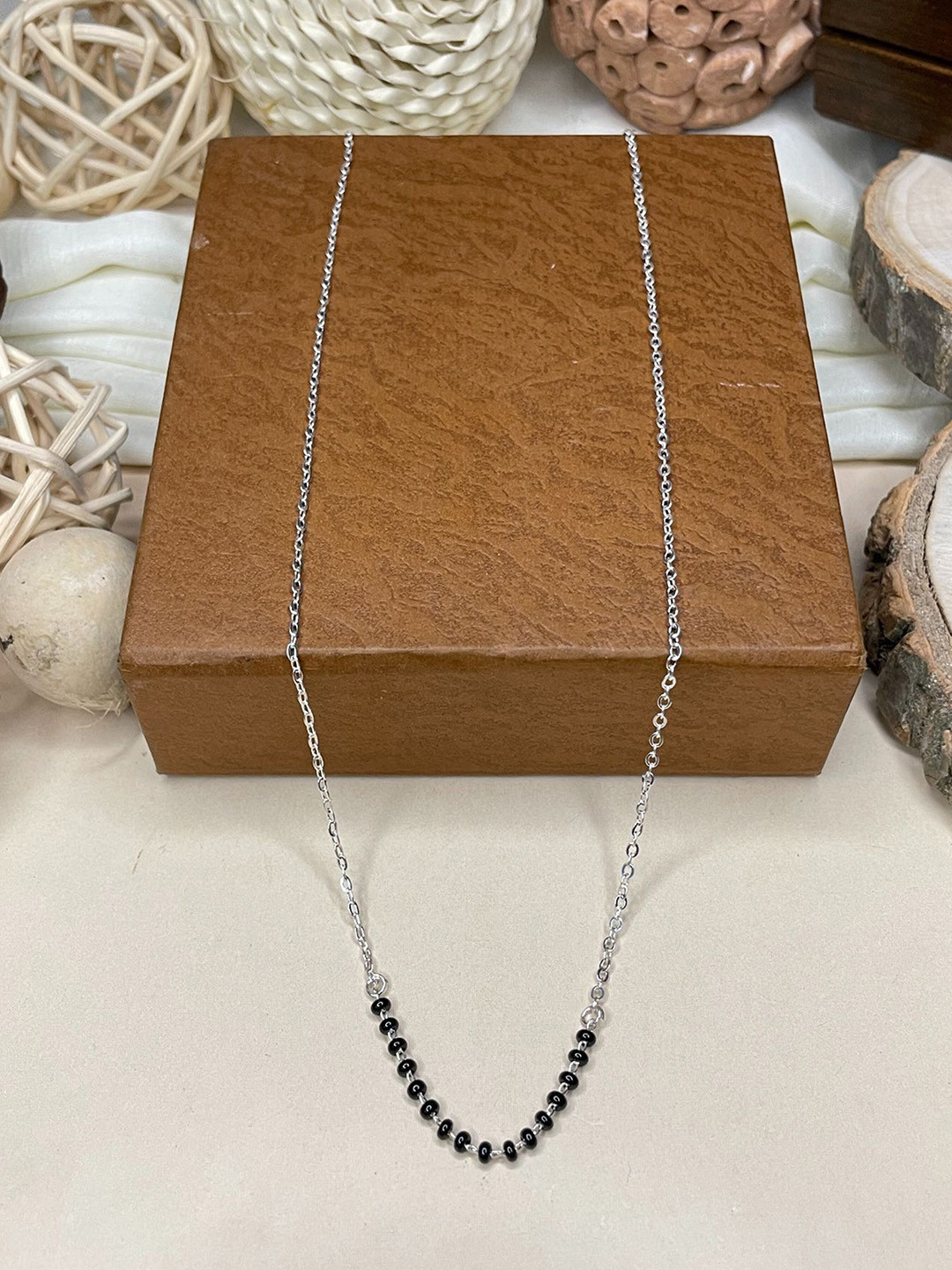 ABDESIGNS Silver-Plated American Diamond Studded & Beaded Mangalsutra