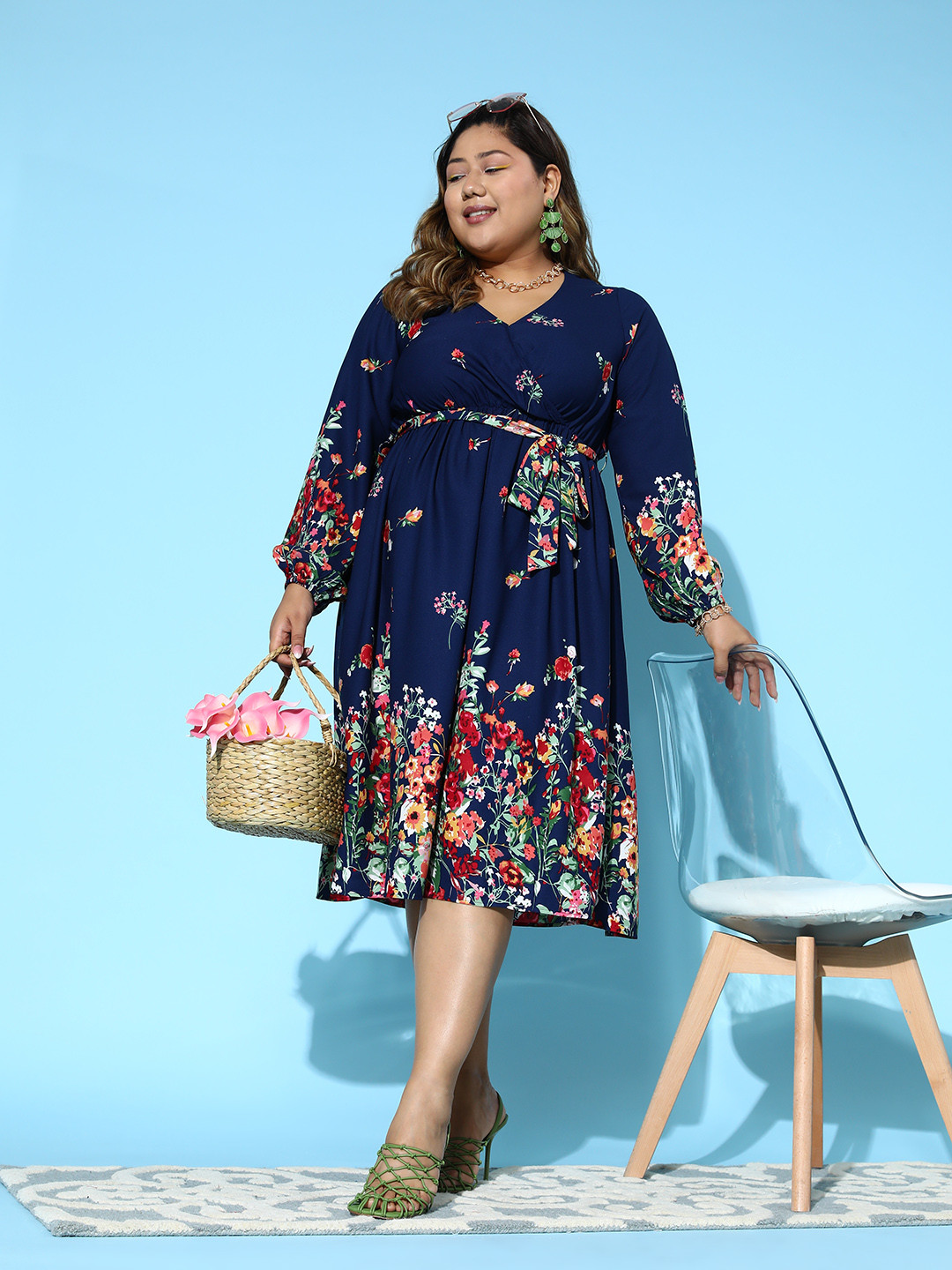 Berrylush Curve Navy Blue Floral Print Bishop Sleeves A-Line Dress