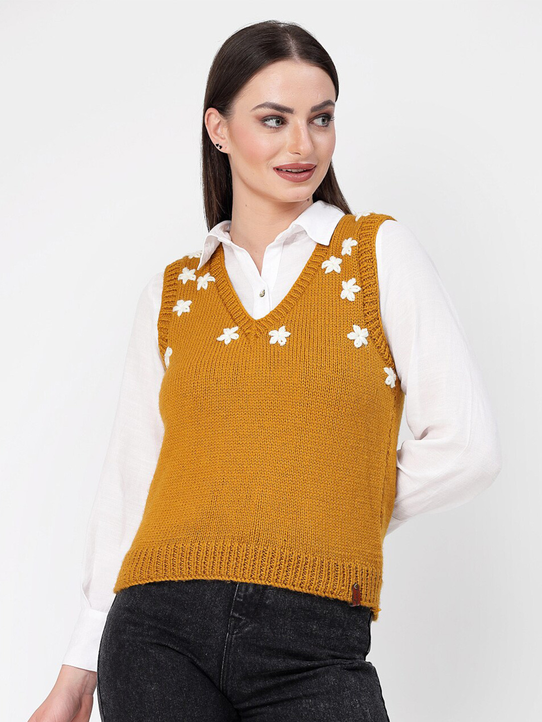 Velvery Floral Embroidered V-Neck Sweater Vest