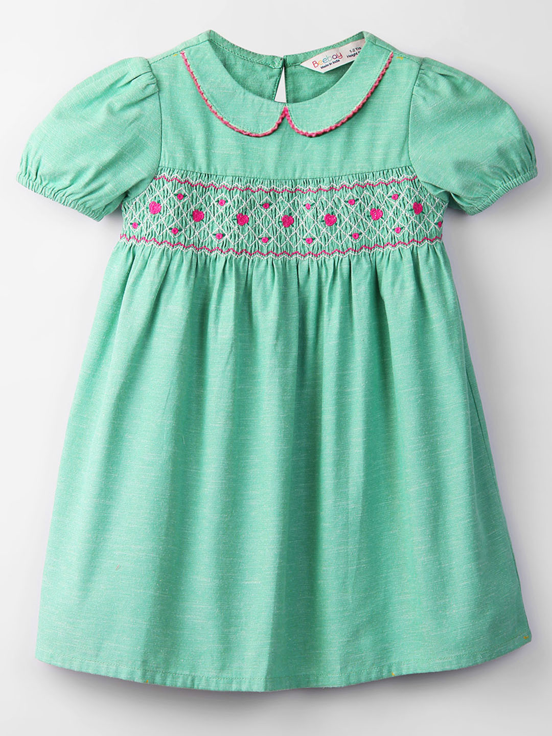 Beebay Girls Smocked Detailed Peter Pan Collar Puff Sleeve A-Line Dress
