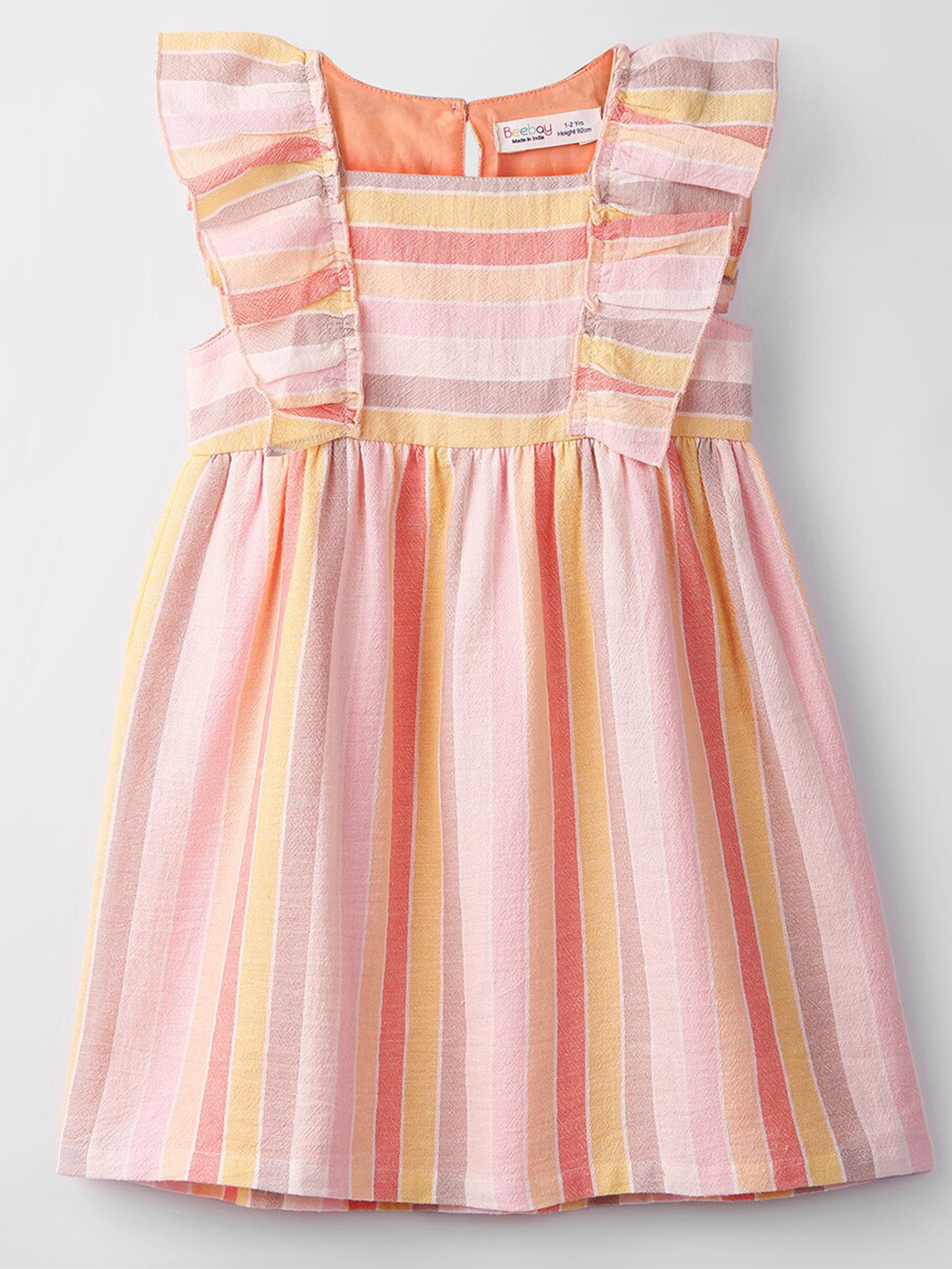 Beebay Girls Candy Striped Square Neck Flutter Sleeves Fit & Flare Dress
