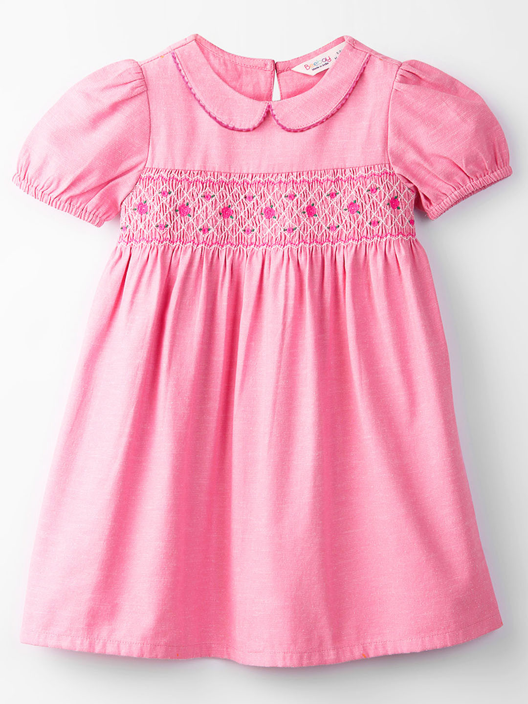 Beebay Girls Smocked Detailed Peter Pan Collar Puff Sleeve A-Line Dress