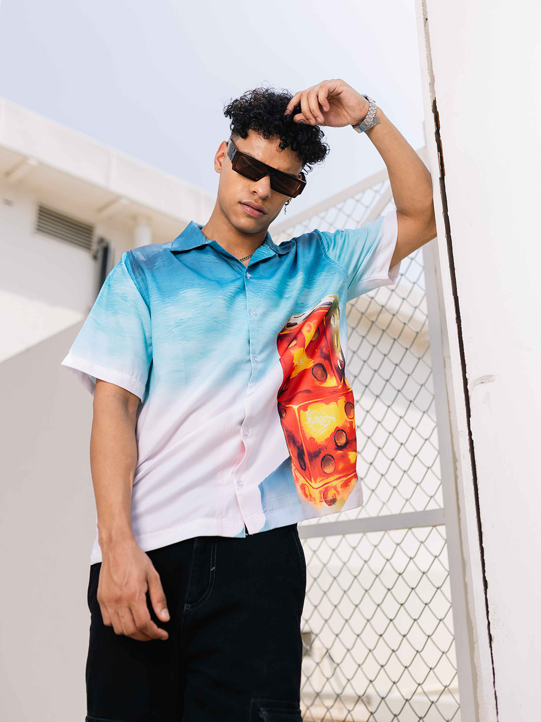 UNRL Boxy Fit Graphic Printed Cuban Collar Casual Shirt