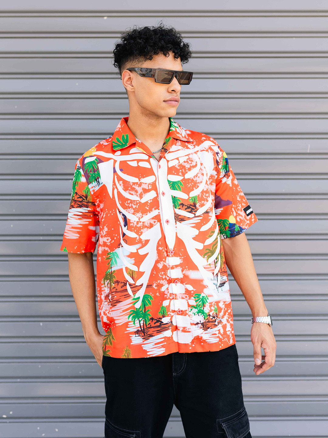 UNRL Boxy Fit Graphic Printed Cuban Collar Casual Shirt