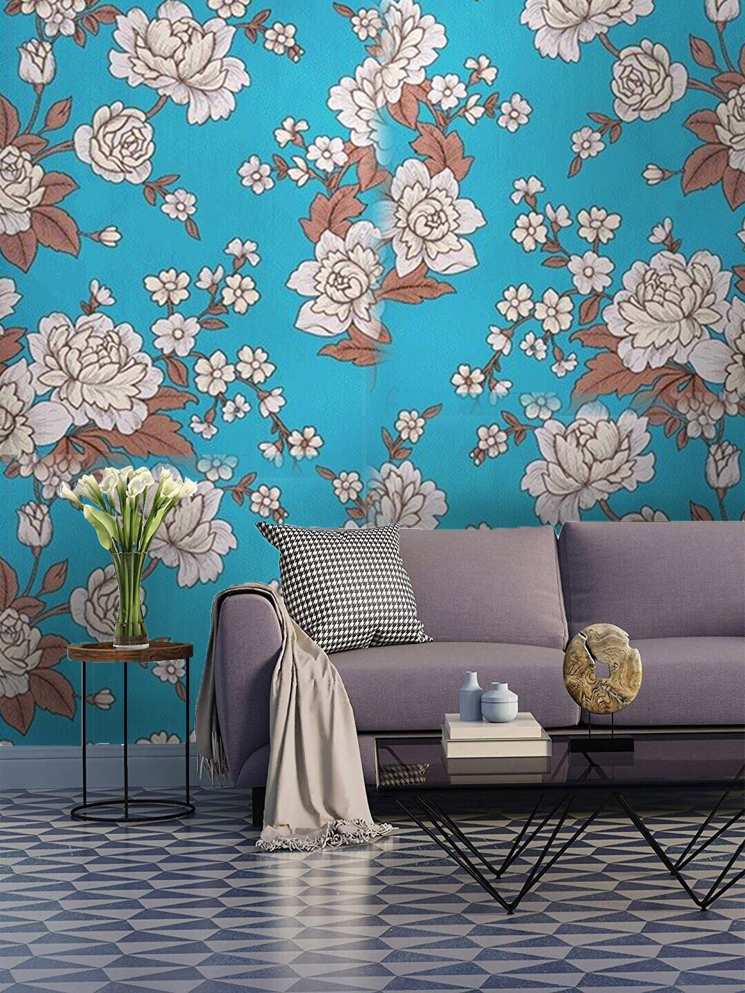 Jaamso Royals Blue & Beige Floral Printed Self Adhesive Waterproof Wall Stickers