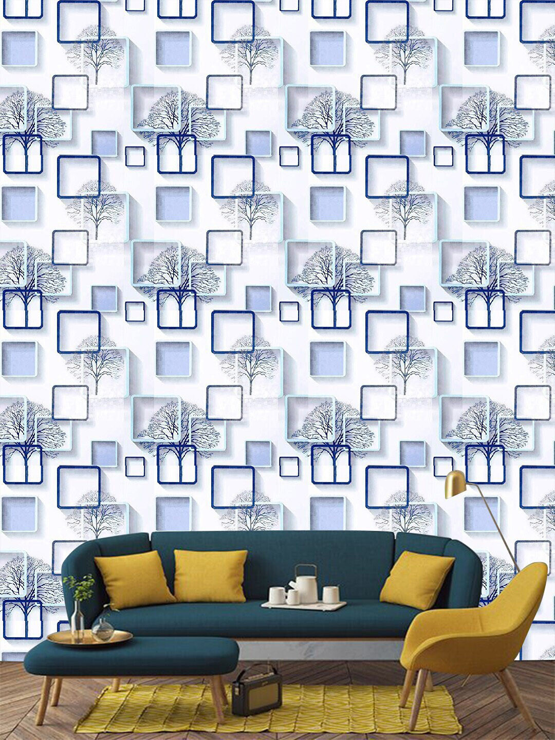 Jaamso Royals Blue Square Pattern Self Adhesive Wallpaper