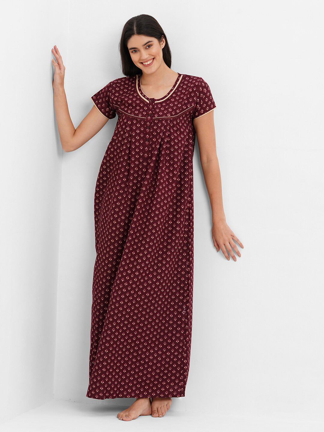 Sweet Dreams Maroon Floral Printed Maxi Nightdress