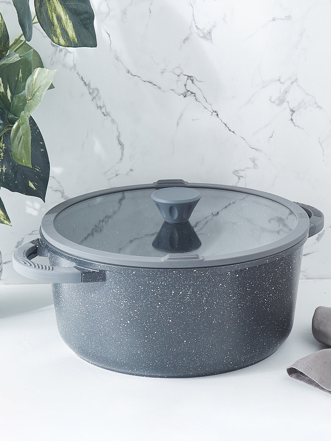 Home Centre Marshmallow Adele Grey Textured Aluminium Non-Stick Casserole with Lid-6.8L