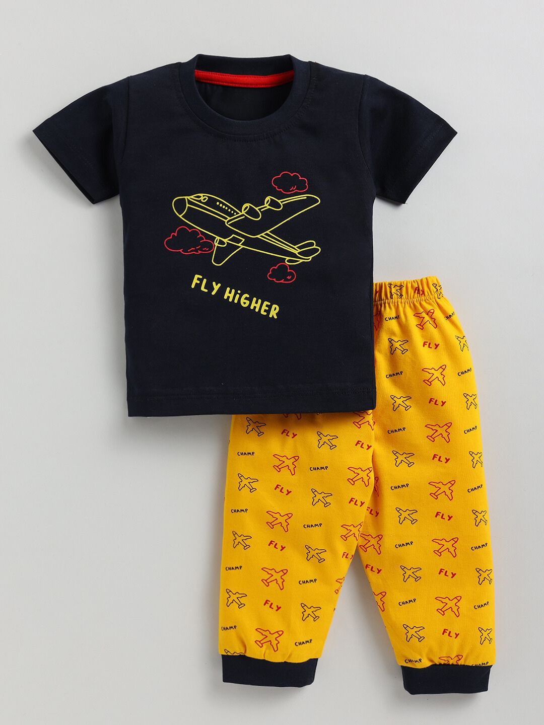 YK Boys Aeroplane Conversational Printed Pure Cotton T-shirt with Trousers
