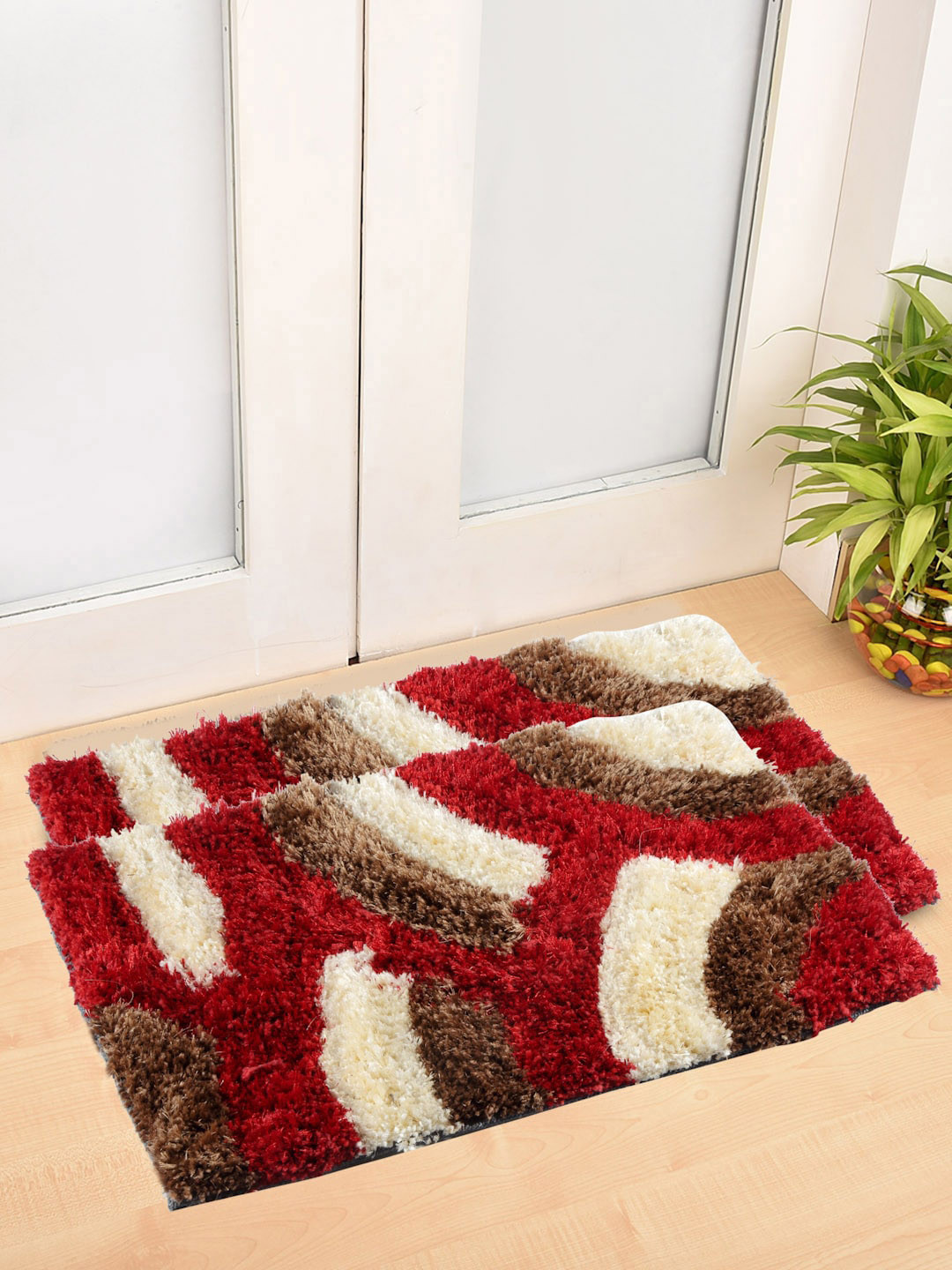 FABINALIV Red & Black 2-Pieces Anti-Skid Geometric Door Mats
