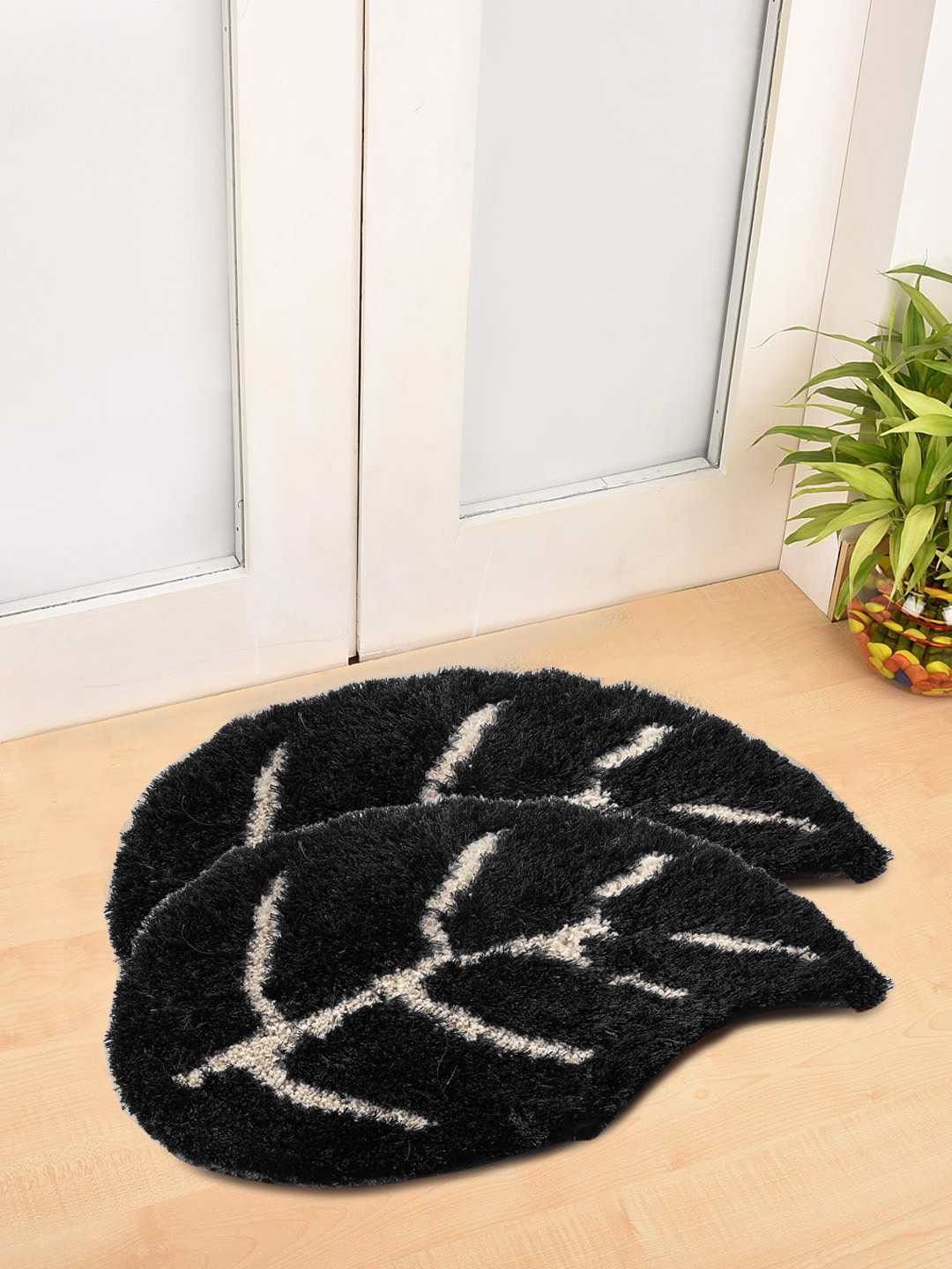 FABINALIV Black & Beige 2 Pieces Floral Door Mats
