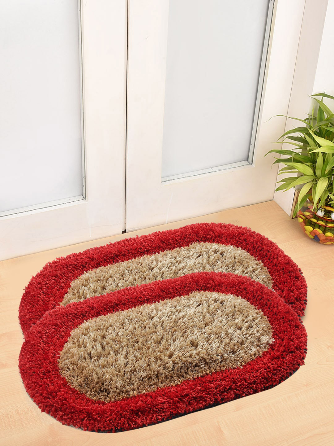 FABINALIV Red & Camel Brown 2 Pieces 1321 GSM Anti-Skid Resistant Doormats