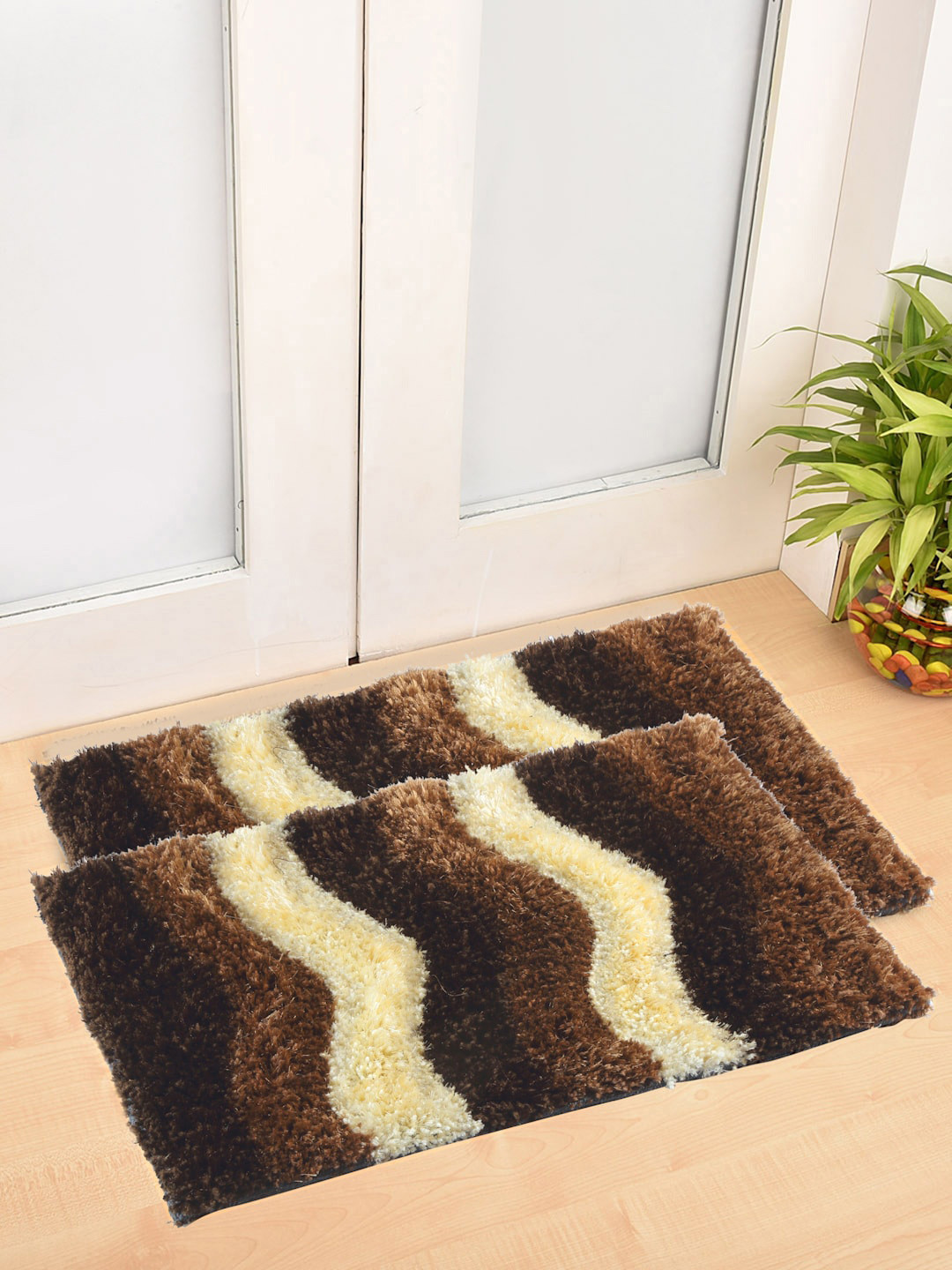 FABINALIV 2-Pcs Brown & Cream-Coloured Striped Anti-Skid Doormats