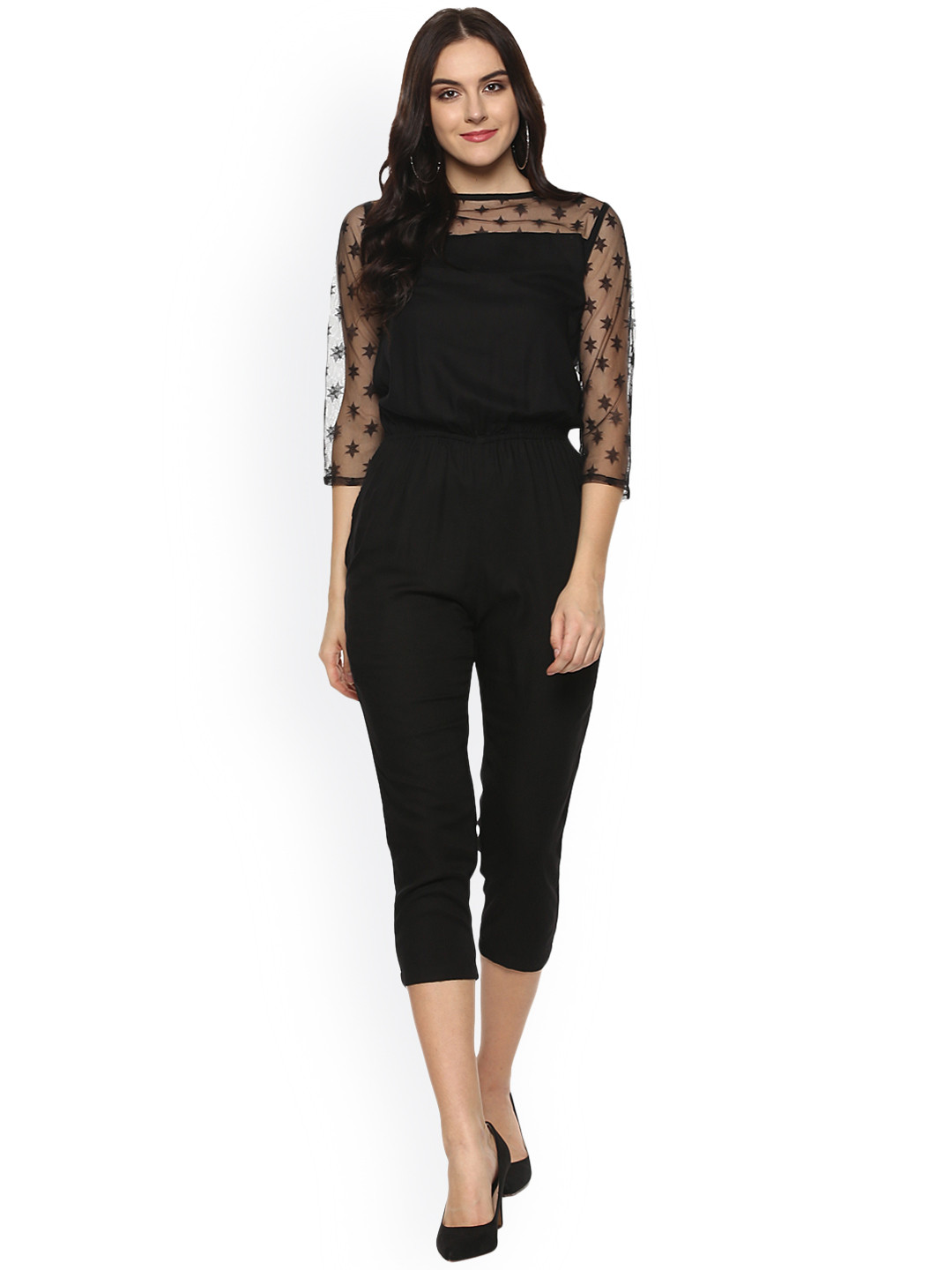 StyleStone Black Self Design Capri Jumpsuit