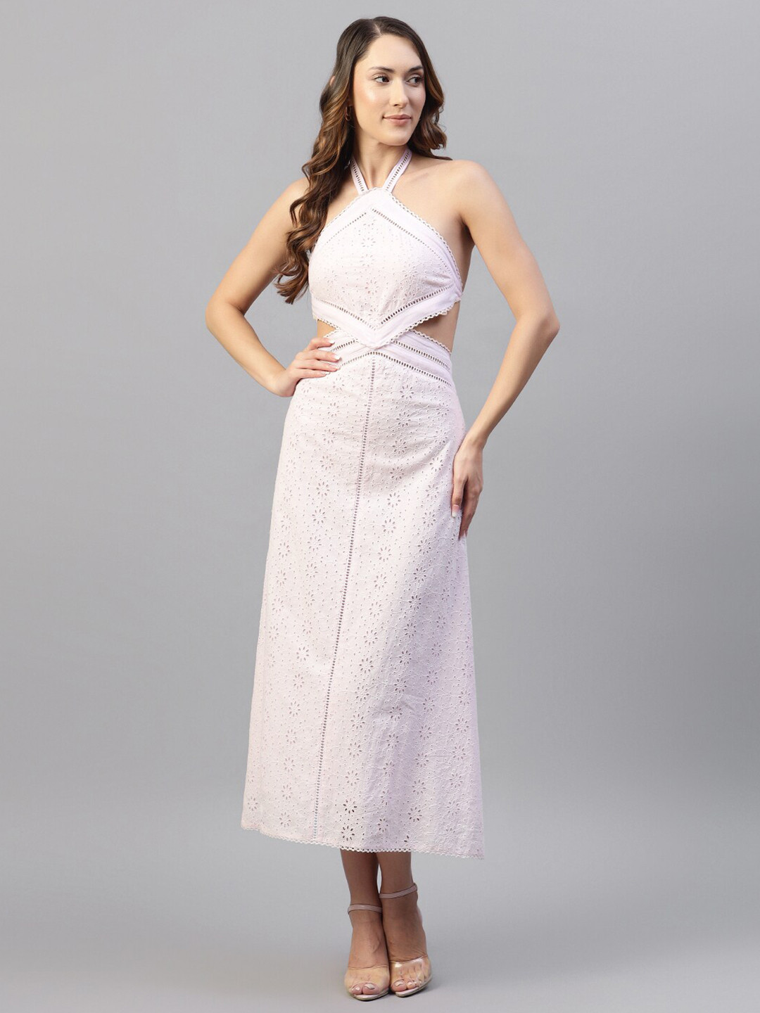 Hencemade Self Design Halter Neck Cotton Maxi Dress