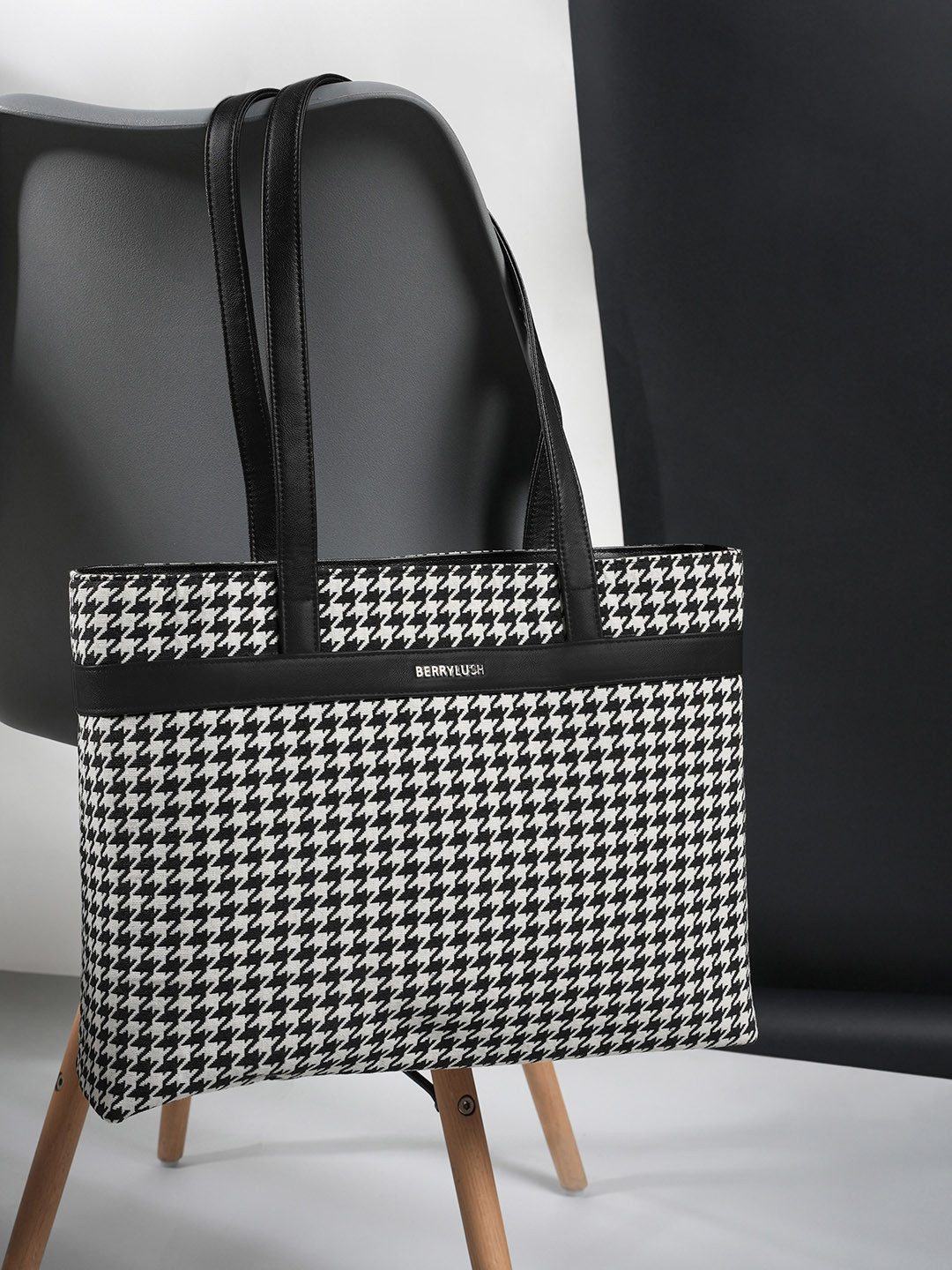 Berrylush Black Self Design Shopper Tote Bag