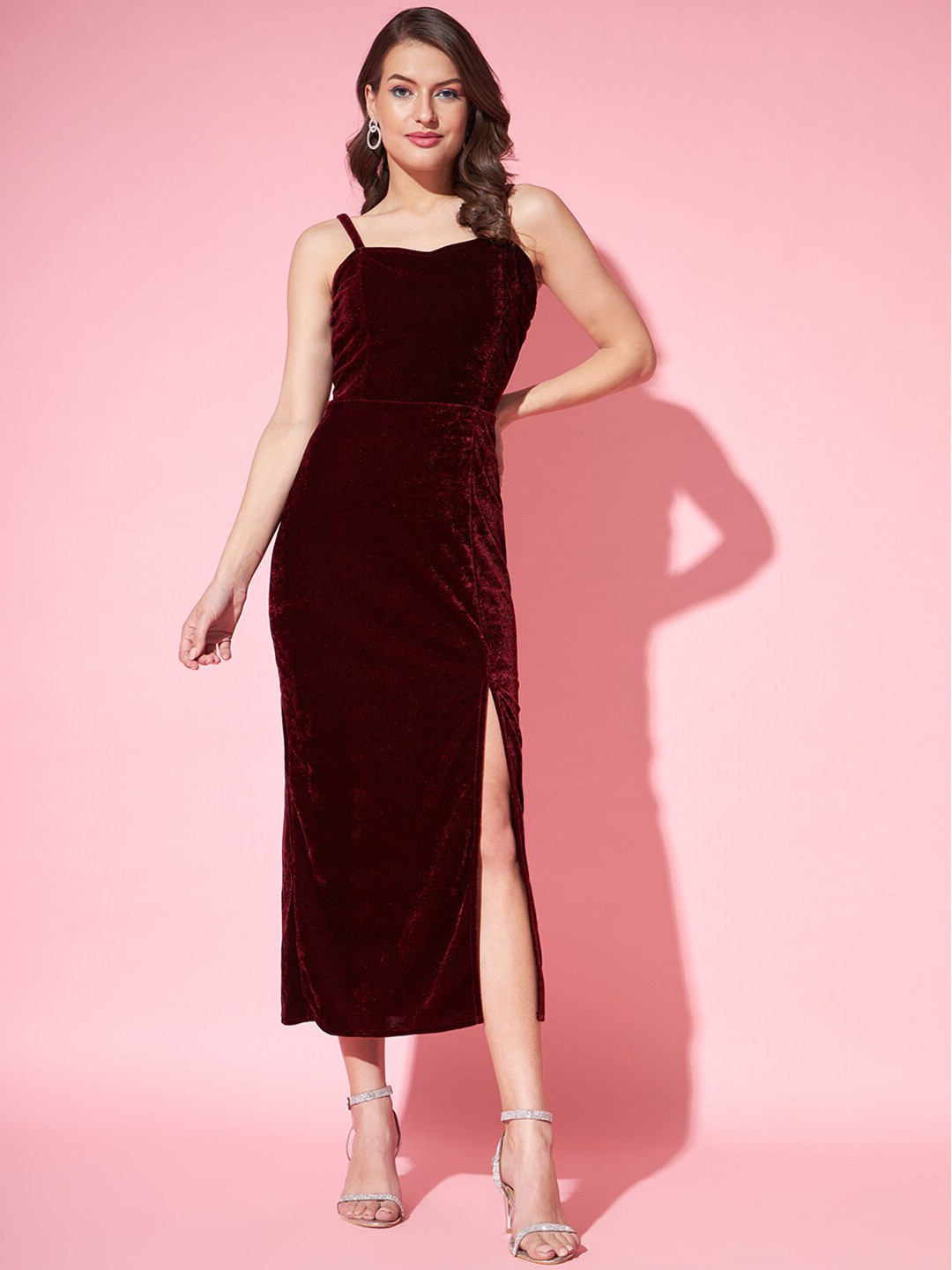 VAARARO Shoulder Straps Side Slit Sheath Midi Dress