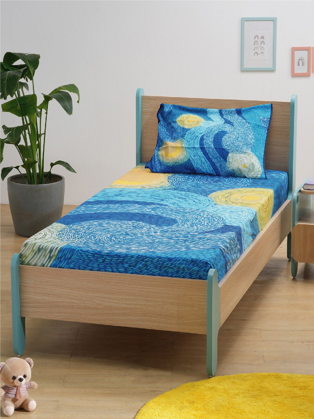 Smartsters Vincents Vision Blue Abstract Cotton 180 TC Single Fine Bedsheet with a Pillow Cover-60 x 90 inches