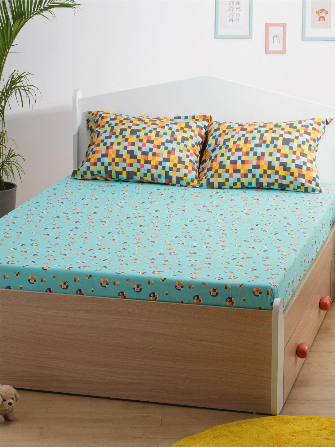 Smartsters Klee'S Kaleidoscope Blue Conversational Cotton 180 TC Queen Fine Bedsheet with 2 Pillow Covers-39 x 35 inches