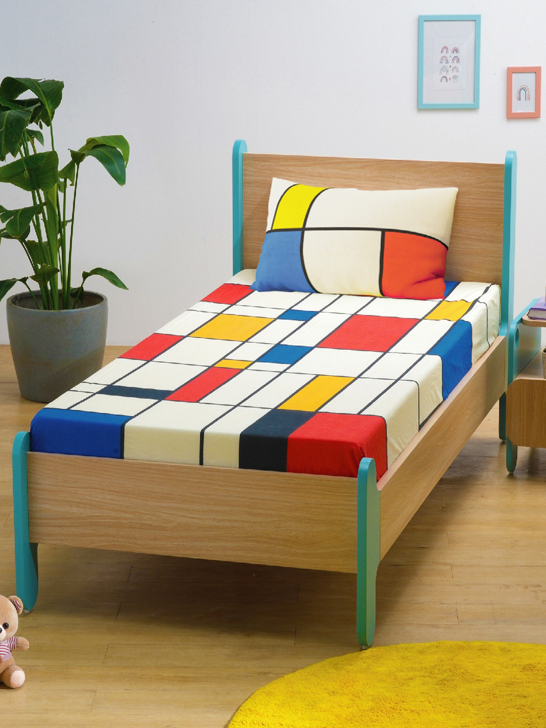 Smartsters Mondrian'S Mosaic Red Geometric Cotton 180 TC Single Fine Bedsheet with a Pillow Cover-60 x 90 inches