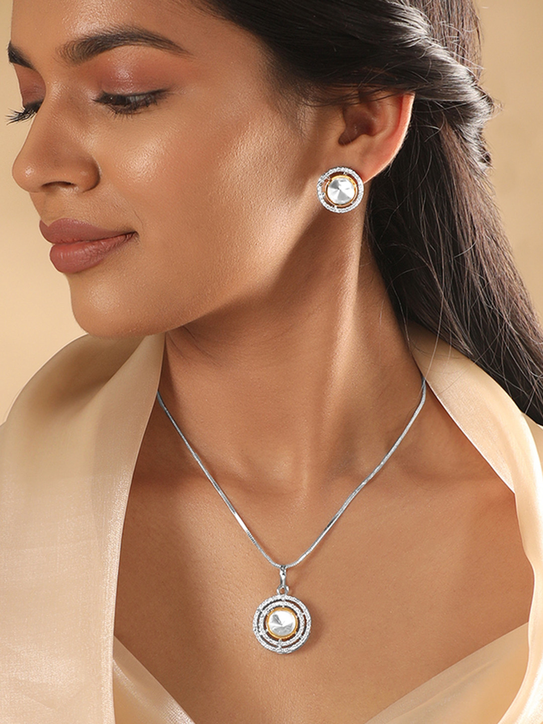Rubans Rhodium Plated Kundan & Cubic Zirconia Studded Dual Tone Pendant Necklace Set