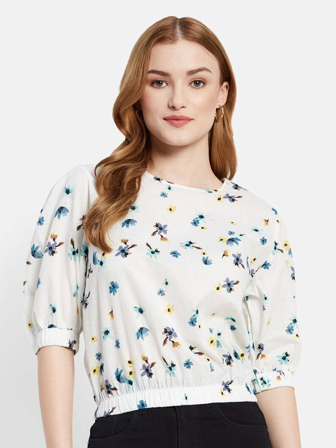 METTLE Floral Printed Round Neck Cotton Gathered Cinched Waist Top