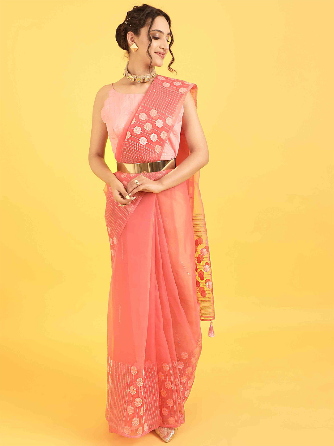 elora Floral Zari Organza Bhagalpuri Saree With Tassle