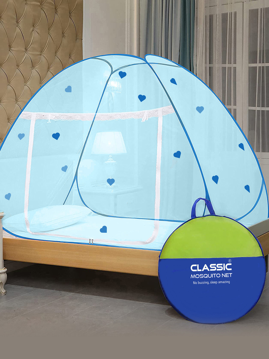 Classic Mosquito Net White & Blue Single Bed Foldable Mosquito Net
