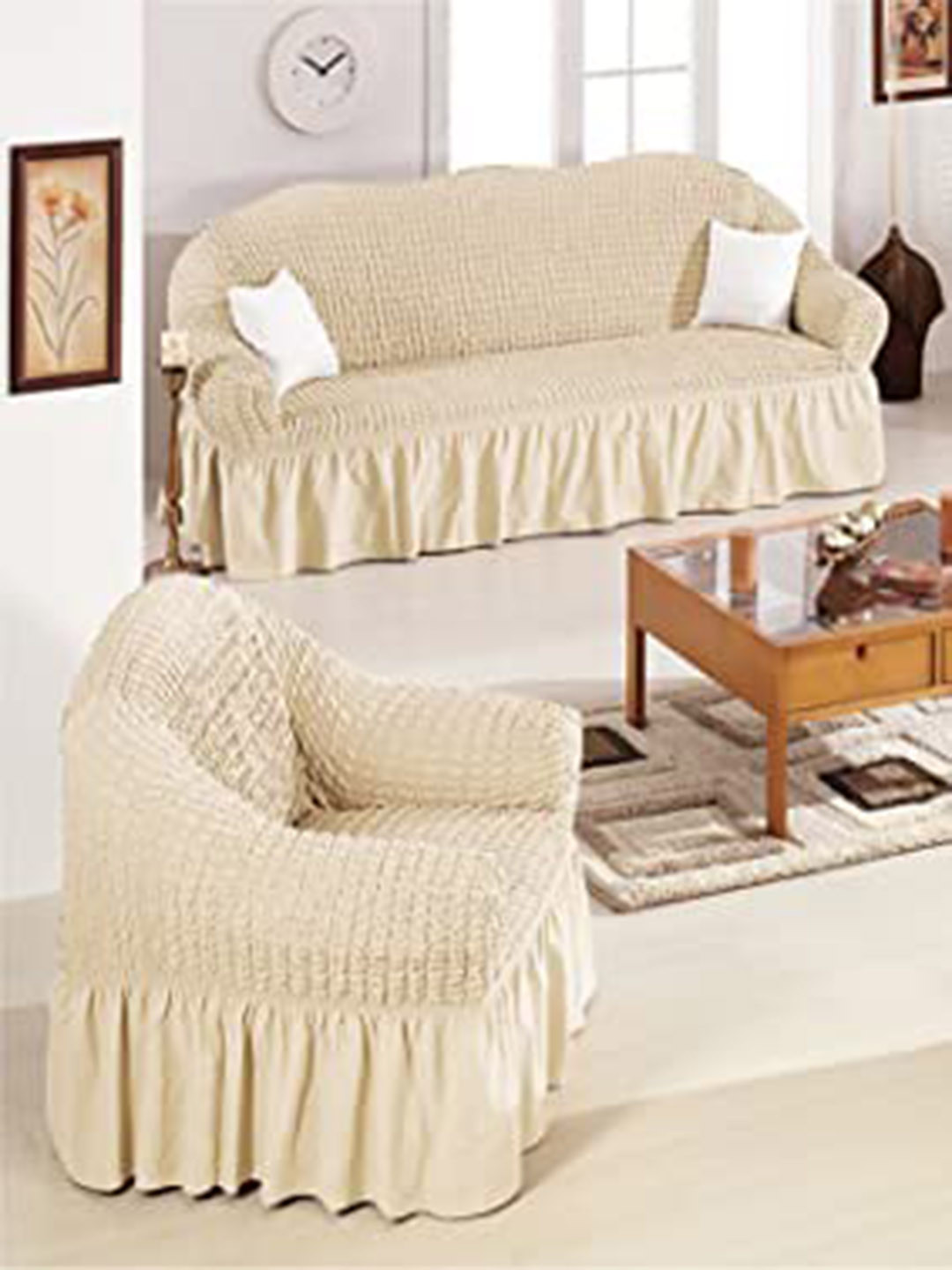 HOUSE OF QUIRK Beige Stretchable 3-Seater Sofa Cover With Arms