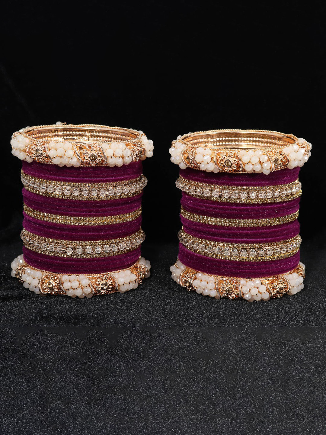 NMII Set Of 52 Zircon Gemstone Studded & Velvet Metal Bangles