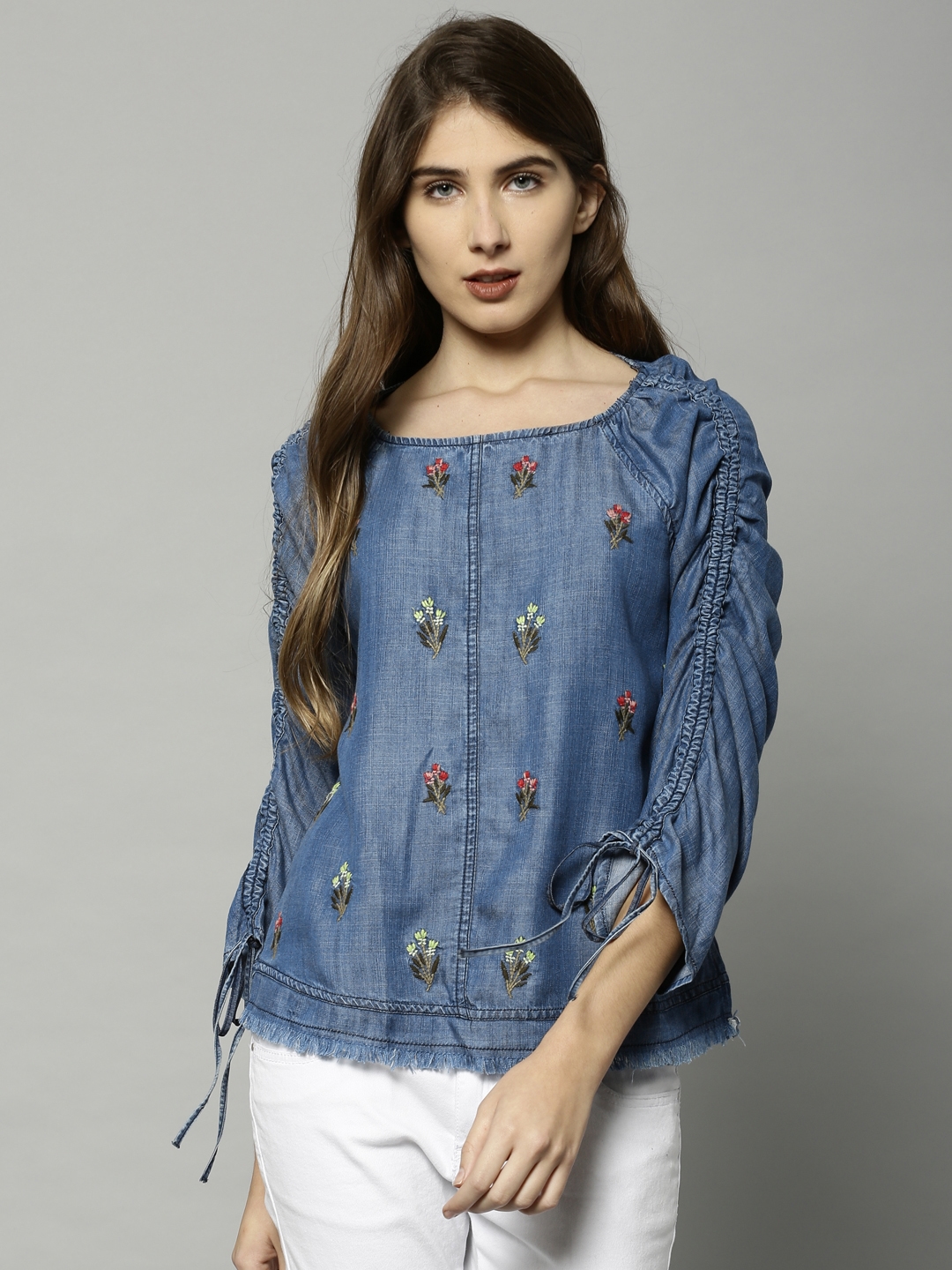Buy Marks & Spencer Women Blue Embroidered Denim Top - Tops for ...