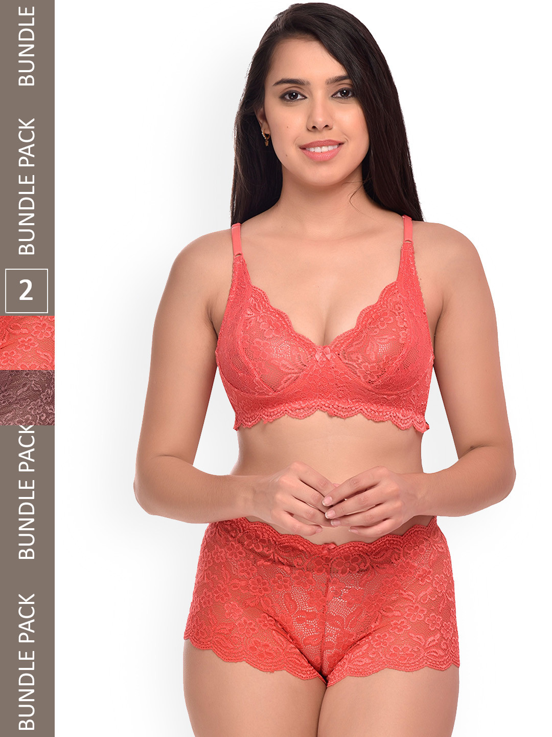 SGC SWEDEN Pack Of 2 Self Design Lingerie Set SGC_Alia_Pack-2_Red,Brown_30
