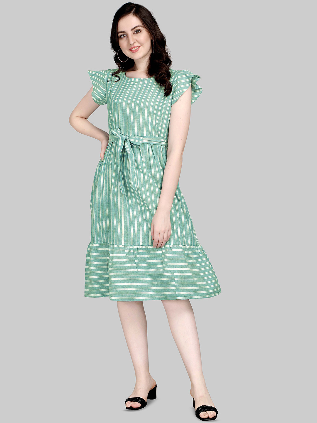 Kinjo Striped Cap Sleeves Belted Cotton A-Line Dress