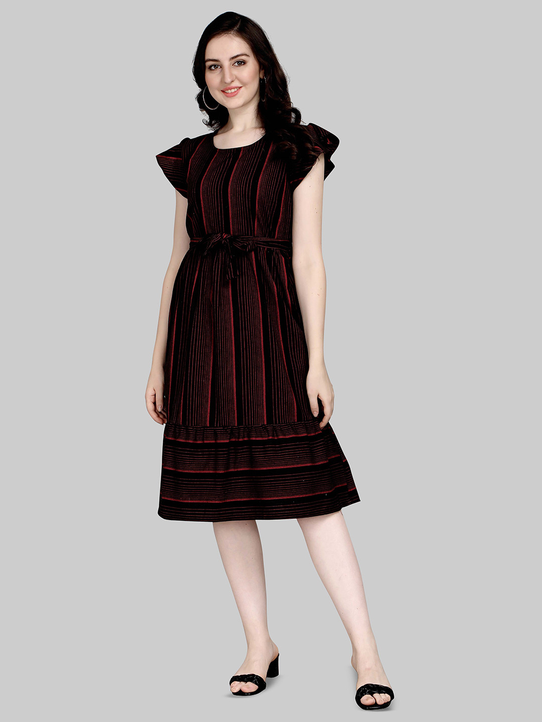 Kinjo Striped Cap Sleeves Belted Cotton A-Line Dress