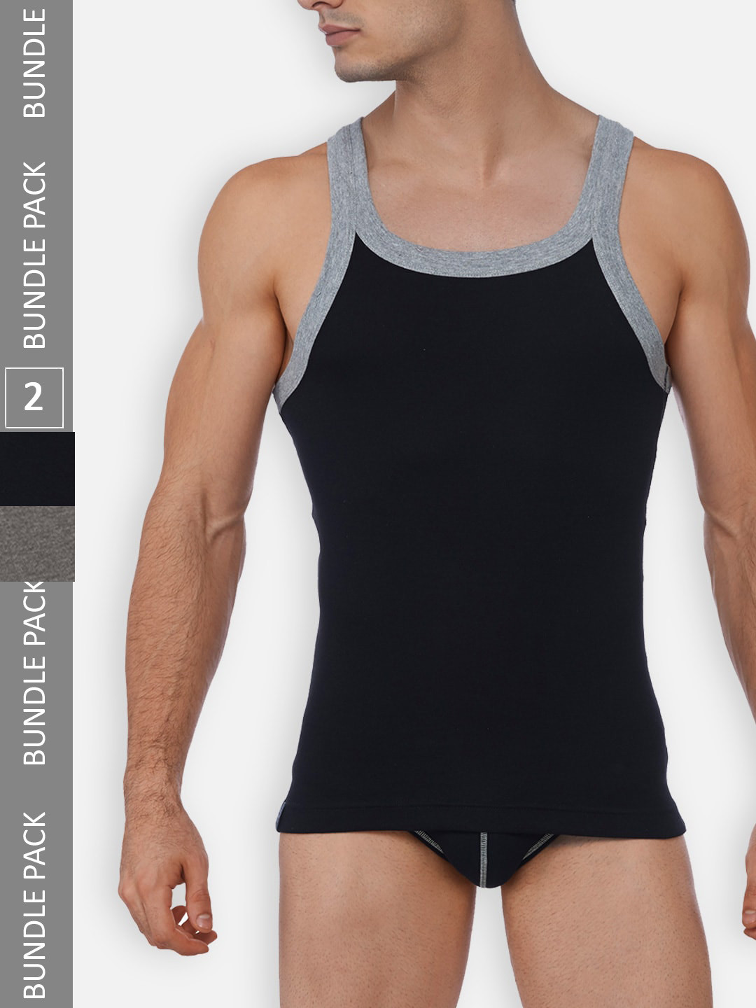 Zoiro Men Pack Of 2 Cotton Sleeveless Innerwear Vests ZO-VE-LO1525-AMGM-BLKGM-S-2PC