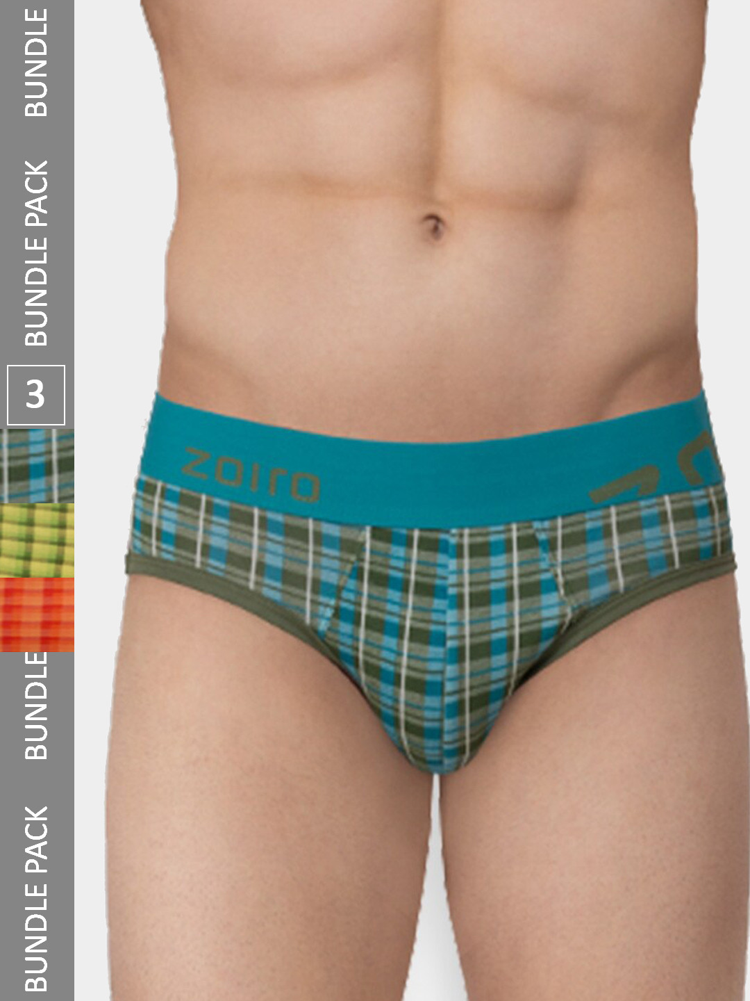 Zoiro Men Pack Of 3 Checked Mid-Rise Cotton Briefs ZO-BRI-TRE81-OLPE-PEPB-CPPU-S-3PC