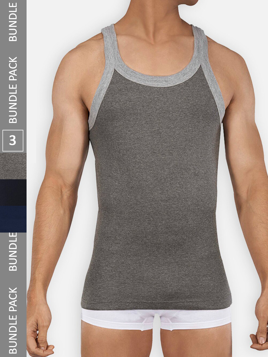 Zoiro Pack Of 3 Cotton Sleeveless Innerwear Vests ZO-VE-LO1525-AMGM-BLKGM-NYGM-S-3PC